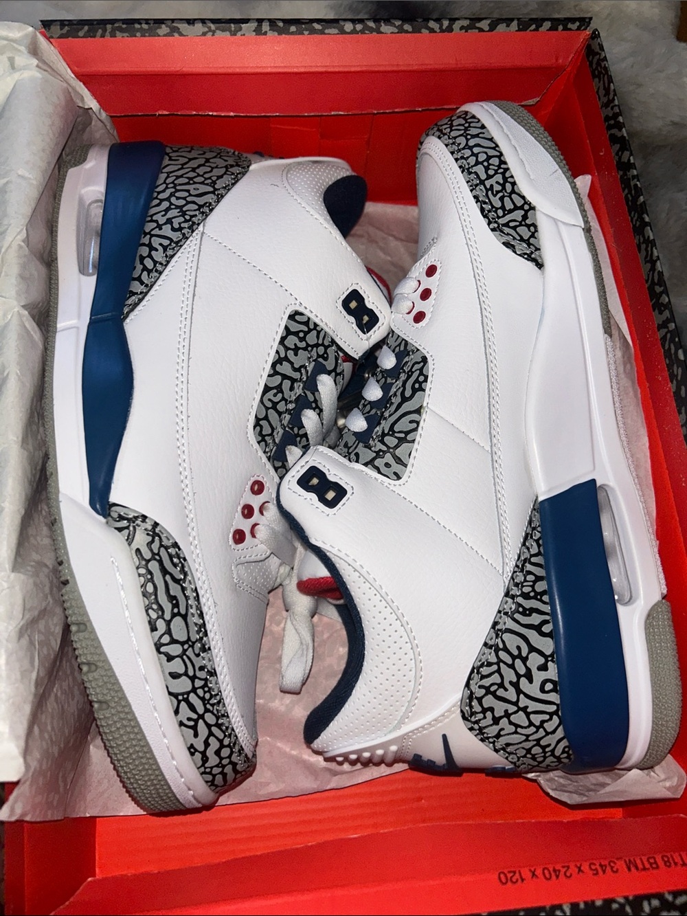 Jordan Men's White Navy Sneakers with Grey Elephant Print and Red Accents